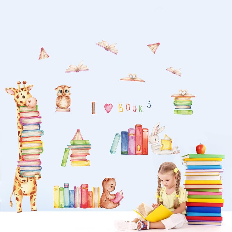 Kasubeso Animals Reading Books Wall Decals Watercolor Large Giraffe Bear Rabbit Owl Read Books Wall Stickers for Kids Bedroom Nursery Playroom Classroom Library Reading Corner Decoration - Image 3